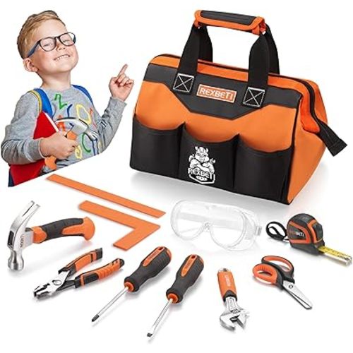 REXBETI 10-Piece Kids Tool Set with Real Hand Tools, Orange Durable Storage Bag, Children Learning Tool Kit for Home DIY and Woodworking, 6+ Years Old Birthday Gift