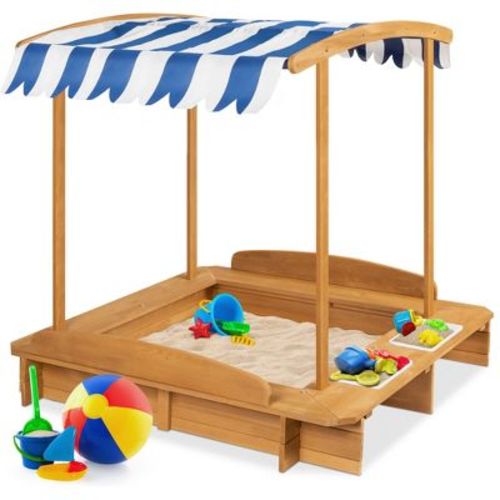 Best Choice Products Kids Wooden Cabana Sandbox W/ Bench Seats, Uv-resistant Canopy, Sandpit Cover, 2 Buckets - Natural