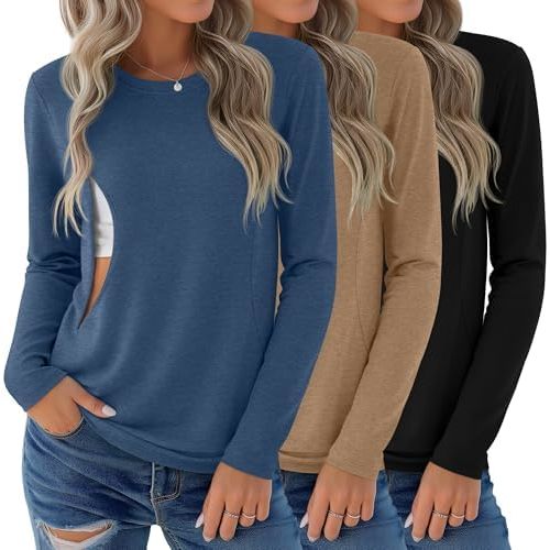 3 Pack Nursing Tops for Breastfeeding Maternity Shirts Zipper Long Sleeve Round Neck Knit Casual Nursing Clothes