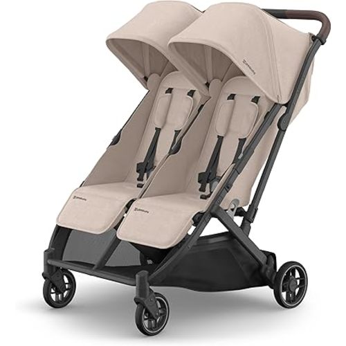 UPPAbaby Minu Duo Side-by-Side Double Stroller - Lightweight + Compact Design for Travel - Easy Fold- from Birth to Toddler - Independent Recline -Ada (Sandstone/Carbon Frame/Chestnut Leather)