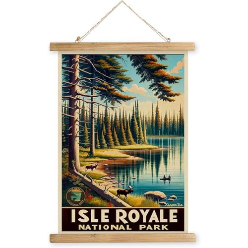 XIAOAIKA Vintage Isle Royale National Park Travel Poster with Wooden Scroll Frame – Holiday Decoration or Gift for Living Room, Bedroom, Office Wall Decor, Retro Art Print 16 x 23 Inches