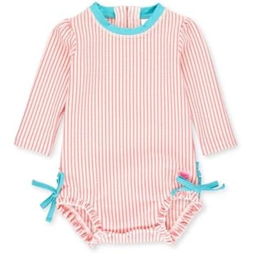 RuffleButts Baby-Girls Seersucker Long Sleeve Rash Guard - One Piece Swimsuit UPF 50+ Toddler