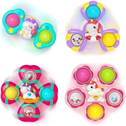Usrela 4Pcs Suction Cup Rotating Toys for 1 Year Old Boy Girl, Bath Toys for Baby 12 18 Months, 1 2 Year Old Boy Birthday Gift, Sensory Toy for Toddler 1-3