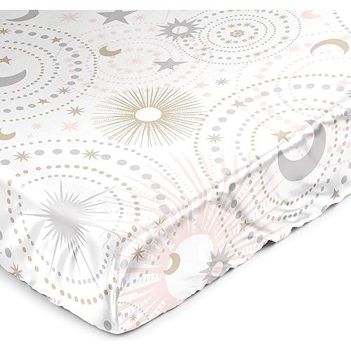 Sweet Jojo Designs Blush Pink Gold Star and Moon Satin Fitted Crib Sheet Standard Mattress Grey Celestial Sky Stars Gray