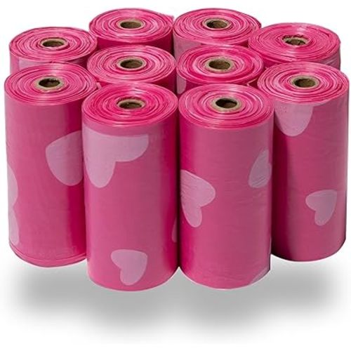 Best Pet Supplies Dog Poop Bags (150 Bags) for Waste Refuse Cleanup, Doggy Roll Replacements for Outdoor Puppy Walking and Travel, Leak Proof and Tear Resistant, Thick Plastic - Pink Heart