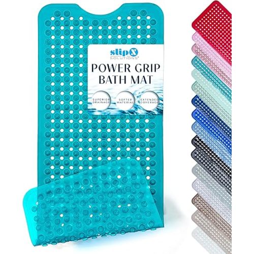 SlipX Solutions Power Grip 39x16 Bathtub & Shower Mat | Premium Non-Slip Bath Safety | Clear Aqua