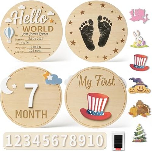 Wooden Hello World Newborn Sign, Birth Announcement Signs, 2PK Double-Sided Newborn Monthly Milestone Signs with 3D Acrylic Design, Footprint Ink Pad