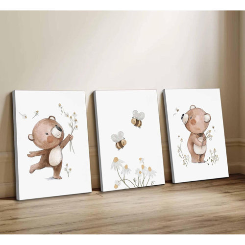 One Allium Way® 3Pcs Nursery Canvas Wall Art Cute Bear Bee Flower Spring And Summer Painting Pictures Wall Decor Teddy Bear Posters Prints For Children Room Baby Room Boy Room Girl Room Home Decorations | Wayfair