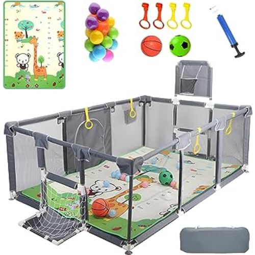 Upgraded Playpen with Enhanced Thick Foldable Mat, Balls, 4 Rings, Storage Bag, Basketball Hoop & Soccer Nets - Play Yard - Sport Playpen - Activity Center - BPA-Free, Non-Toxic, Safe