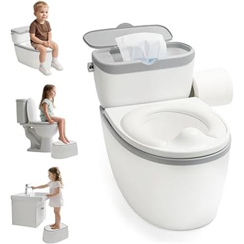 3-in-1 Toddler Potty Training Toilet, for Ages 6 Months+, Realistic Potty Training Seat with Flushing Sound, Wipes Storage, Toilet Paper Holder