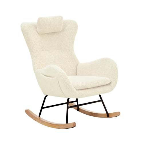 Beige Teddy Upholstered Rocking Chair with Adjustable Headrest and Poc