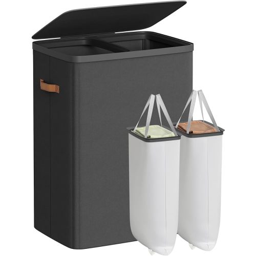 SONGMICS Laundry Basket, 44.9 Gal. Laundry Hamper, 2 Compartments, Easy Assembly, with Lid and Handles, Removable Liners, 22 x 15.7 x 29.5 Inches, Ink Black ULCB813B01