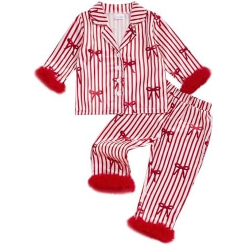 FULA-bao Baby Girls Boys Silk Christmas Pajamas Set Santa Claus Bows Satin Pj Sets Long Sleeve Button Up Shirts and Pants