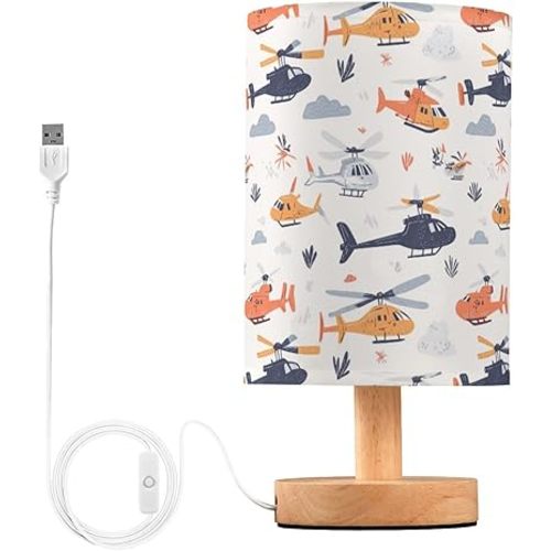 Cartoon Helicopters Airplanes Bedside Table Lamp Small Desk Lamps Linen Fabric Shade Decorative Nightstand Lamp LED with USB Port Wood Base for Bedroom Living Room