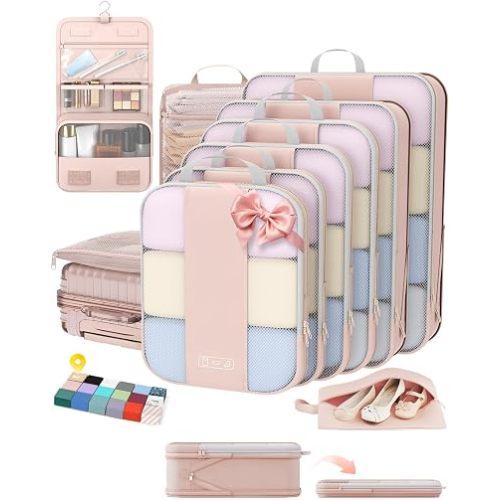 10 Set Compression Packing Cubes for Travel Gifts Mom Women,OlarHike Luggage Clothes Garment Bags for Travelers,Airplane/Cruise/Car Travel Essentials,Compressible Expandable Saver Space Bags(Beige)