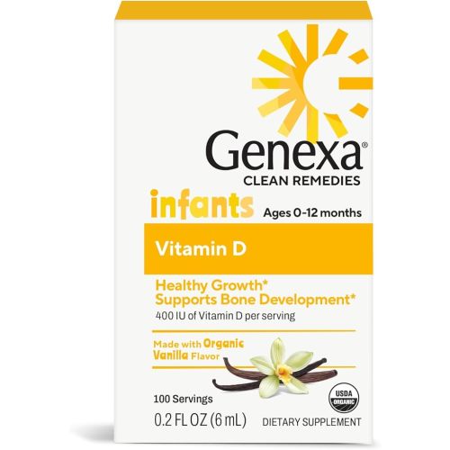 Genexa Infants Vitamin D Liquid Drops for Newborn, Baby & Toddler | Supports Growth & Bone Development | Delicious Organic Vanilla Flavor | Certified Organic, Gluten Free, & Non-GMO | 90 Servings