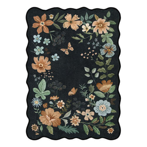 Flore Washable Boho Modern Parisian Floral Scalloped Black Rug