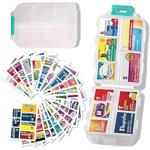 Large Pill Organizer with Medicine Labels - 7 Day Travel Daily Container, Mini Medication Storage Case (White, 161 Labels)
