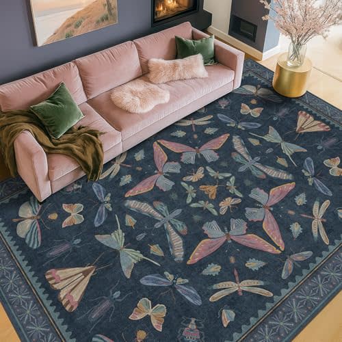 Boho Living Room Area Rug 6x9, Non Slip Dining Room Rugs for Under Table, Washable Soft Low Pile Bedroom, Vintage Insect Moth Dark Home Dcor, Stain Resistant Carpet (Navy Blue)