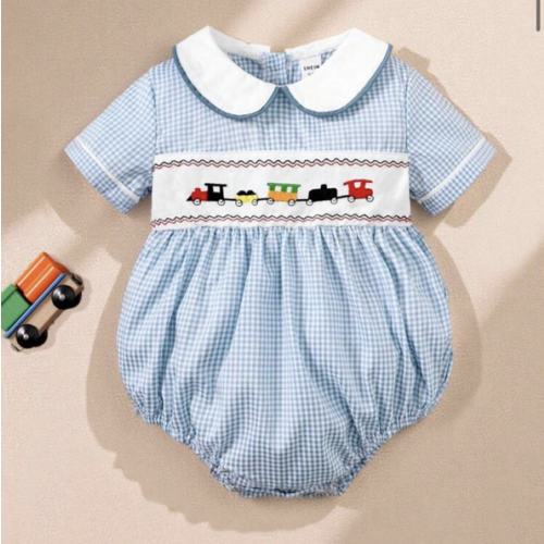 Souflis Souflis Baby Boy's Plaid Patchwork Bodysuit With Peter Pan Collar And Car Embroidery | SHEIN USA