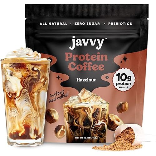Javvy Hazelnut Protein Coffee - Premium Whey Protein & Instant Iced Coffee - 100% Arabica Coffee - Zero Artificial Flavors & Sweeteners, 20 Servings