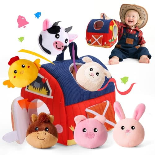Baby Toys 6-12 Months,Surprise Barn with Stuffed Farm Animals 6Pcs,Rattle,Crinkle,Mirror,Montessori Sensory Toys for 1-3 Year Old Boys Girls,Ideal Gifts for Babies Toddlers Birthday Christmas