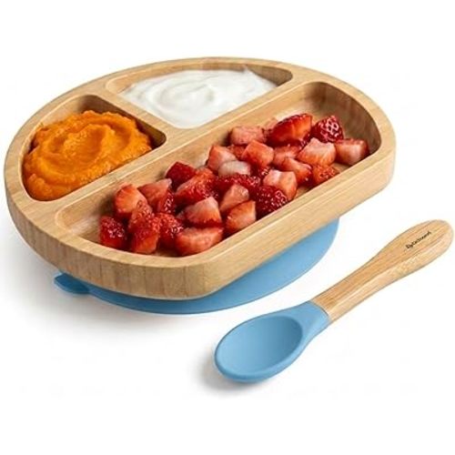 Abiie Octopod Bamboo Dish - Kids Plates for 4 months and up, 3-Compartment Baby Plates with Suction, Triangle Bamboo Baby Plate, Mess-Free Toddler Suction Plates, Baby Feeding Supplies, 8.3x1.9x7.7 in