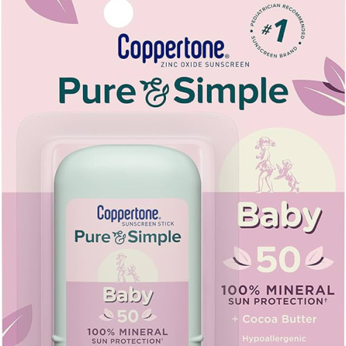 Coppertone Pure and Simple Baby Sunscreen Stick SPF 50, Zinc Oxide Mineral Sunscreen for Baby, Body and Face, 0.49 Oz Stick