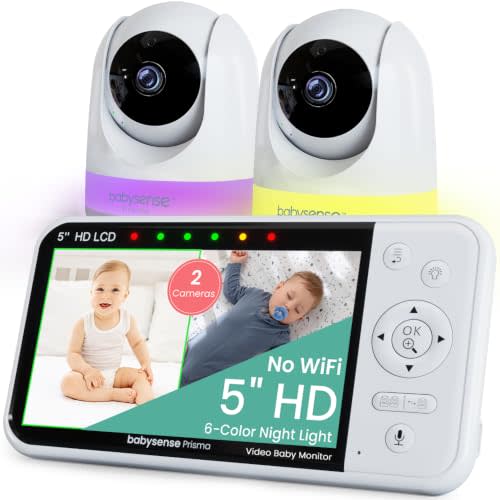 Babysense Prisma Baby Monitor with Camera and Audio, 5” HD Video Baby Monitor with 2 Cameras, 6-Color Night Light, Split Screen, Sound Machine with White Noise & Lullabies, Secure No WiFi