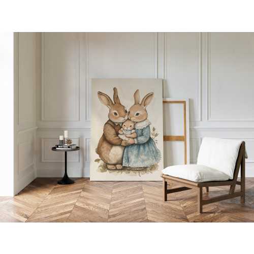 Vintage Bunny Family Illustration – Woodland Rabbit Parents with Baby in Watercolor Ink Style for Nursery or Easter Wall Art