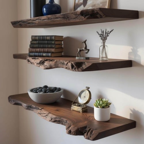 Live Edge Walnut Floating Shelves - Rustic Wood Shelves - On Wall Handcrafted Bookshelf - Solid Wood Chunky Scaffold -  Interior Wood Shelf