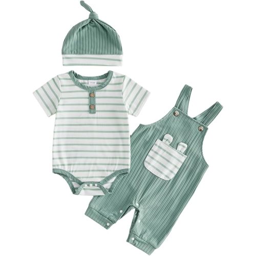 Newborn Baby Boy Fall Winter Clothes Striped Long Sleeve Romper Tiger Overall Pants Hat 3Pcs Set Cute Coming Home Outfit(C-Brown Tiger,0-3 Months)