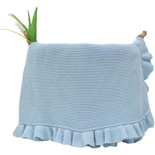 Cotton Baby Blanket with Ruffle Edge Soft Breathable Newborn Blanket for Boys & Girls, Lightweight Knit Throw for Crib, Stroller & Nursery Multiple Colors Available Blue 28x36