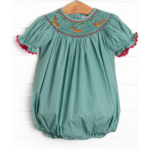 Rudolph's Runway Smocked Bubble, Green – Stitchy Fish