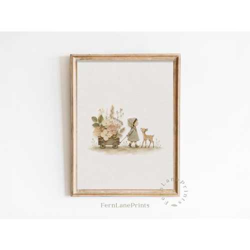 Girl and Deer Woodland Nursery Art, Watercolor Flower Wagon Print