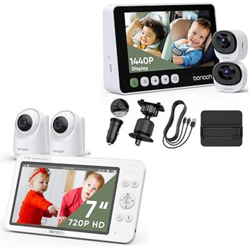 bonoch 5" 1440p Baby Car Camera for 2Kids, 7" 720p Baby Monitor with 2 Cameras, Split Screen, Night Vision, No WiFi