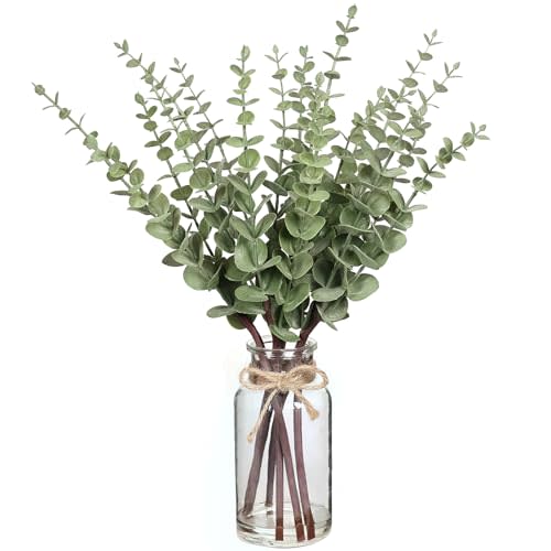 17.5" Artificial Eucalyptus Stems in Glass Vase with Faux Water(Sage Green) | Realistic Fake Plants Faux Eucalyptus Leaves with Glass Vase, for Centerpiece Table Farmhouse Wedding Home Greenery Decor