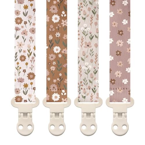Stadela Baby Fabric Pacifier Clip Holder, Plastic Clip, 4‑Pack, Safari Pattern, Savanna Set