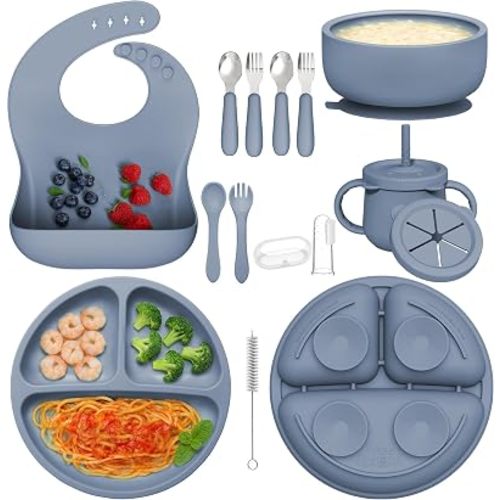 13PCS Silicone Baby Feeding Set: Suction Plates, Bowls & Utensils, Blue