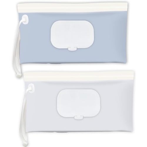 Baby Wipes Holder 2 Pack, Wipes Container & Wet Wipes Dispenser, Travel Wipes Case Reusable Wipes Pouch, Portable Wipe Holder for Diaper Bag, Blue & Beige
