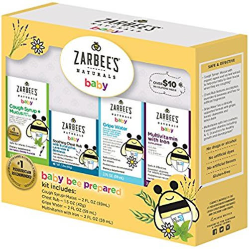 Zarbee's Naturals Baby Bee Prepared Kit, Including Cough Syrup + Mucus, Chest Rub, Gripe Water, Multivitamin with Iron,