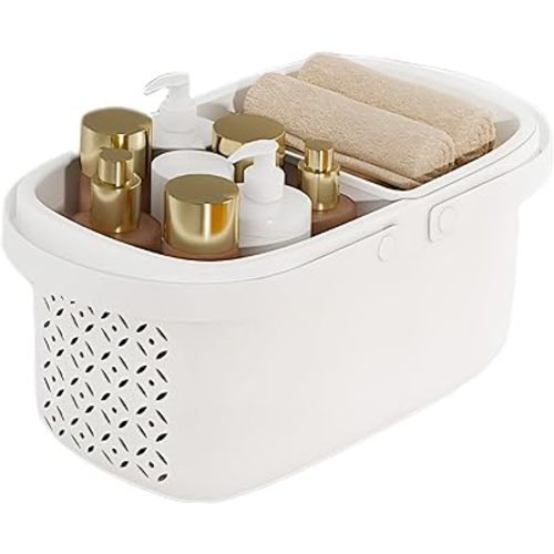 Pulseplay Plastic Shower Caddy Basket with Handle Portable Organizer Storage Basket with Drainage Holes for Bathroom College Dorm Bedroom Kitchen Gym (White)