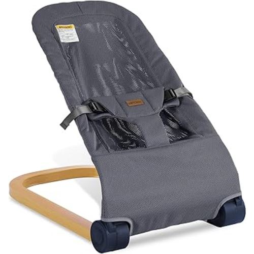 Baby Bouncer,Portable Baby Bouncer Seat & Foldable with 3 Height Adjustments, Ergonomic Bouncer for Babies 0-6 Months, Wood Grain Style, Natural Vibrations, Includes Storage Bag (Mesh Grey)