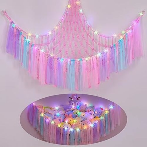 FIOBEE Stuffed Animals Net or Hammock with LED Light, Toy Hammock Hanging Stuffed Animals Storage Organizer Holder Room Décor for Nursery Kids Bedroom