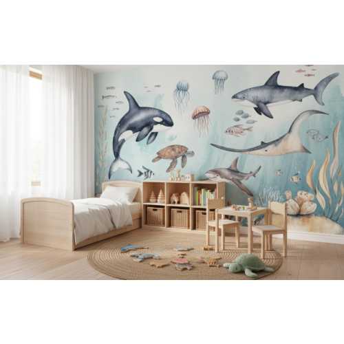 Ocean Wall Mural: Soft Blue Undersea Nursery Wallpaper (Peel and Stick)
