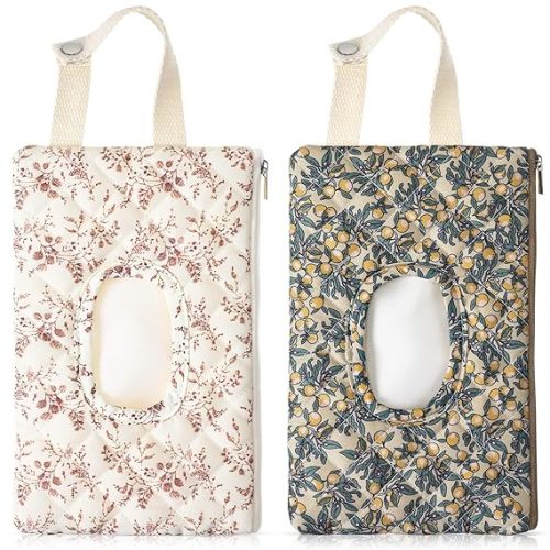 2 Pcs Quilted Diaper and Wipes Pouch Portable Hanging Floral Wet Wipe Bag Diaper Bag Reusable Wipes Pouch for for Stroller Car Travel Infant Diapering Organizer (Mixed Floral)