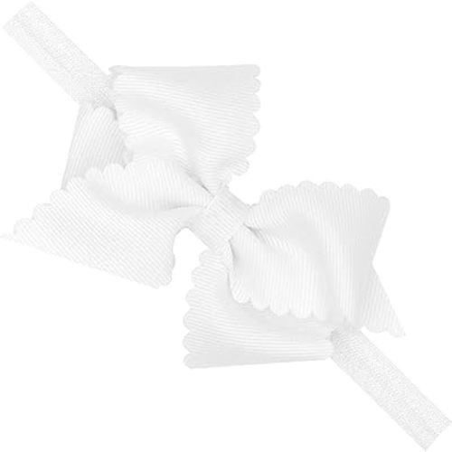 Wee Ones Girls' Extra Small Scalloped Edge Grosgrain Bowtie on Matching Elastic Band, White, 2