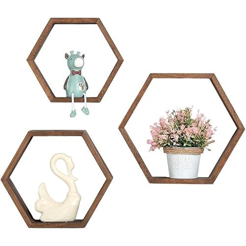 Set of 3 Hexagonal Floating Shelves, Rustic Wood Wall Mounted Display Shelves, Honeycomb-Shaped Storage Organizer, for Living Room, Bedroom, Kitchen, Bathroom
