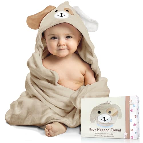 Baby Hooded Towel, Soft Viscose Made of Bamboo, 35 x 35, Beige | Extra large, absorbent, extra soft puppy hooded bath towel for newborns, infants, toddlers, boys and girls, everyday comfort