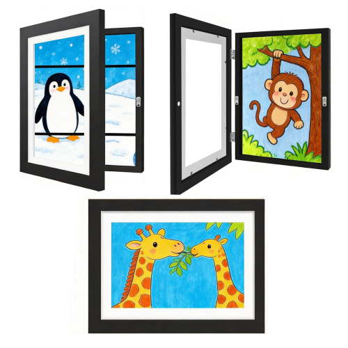 3 Pack A4 Magnetic Front Opening Picture Frames, Wooden Kids Art Display Frame for Wall, Multi Artwork Storage Frame, Easy Change Display for Drawings, Certificates & Photos (8.27 x 11.69 in), Black